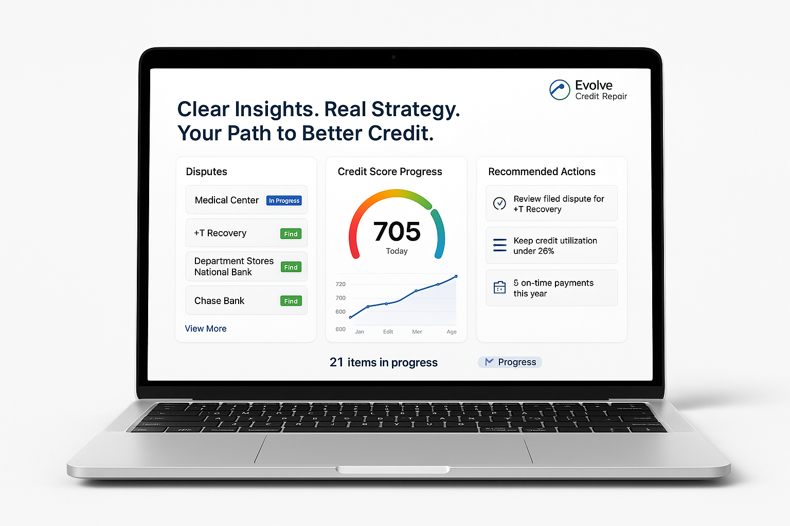 Credit repair dashboard on a laptop showing personalized progress tracking for clients in Arlington and Fort Worth, TX.
