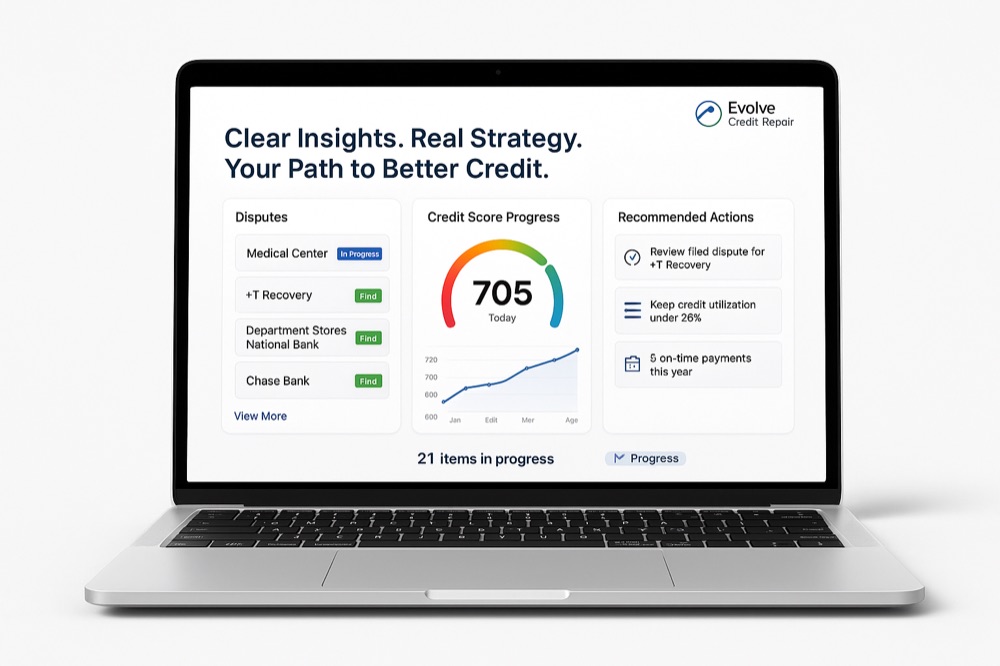 Credit repair dashboard on a laptop showing personalized progress tracking for clients in Arlington and Fort Worth, TX